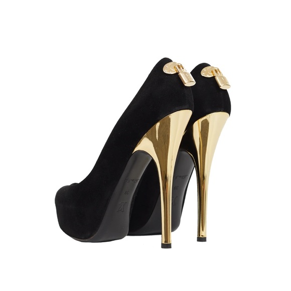Authentic Louis Vuitton Black/Gold Suede Oh Really Peep Toe Platform Pumps Heels - Picture 5 of 11